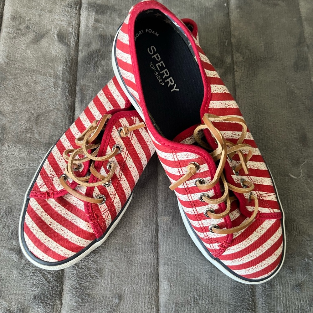 Sperry Red and White Striped Sneakers size 8